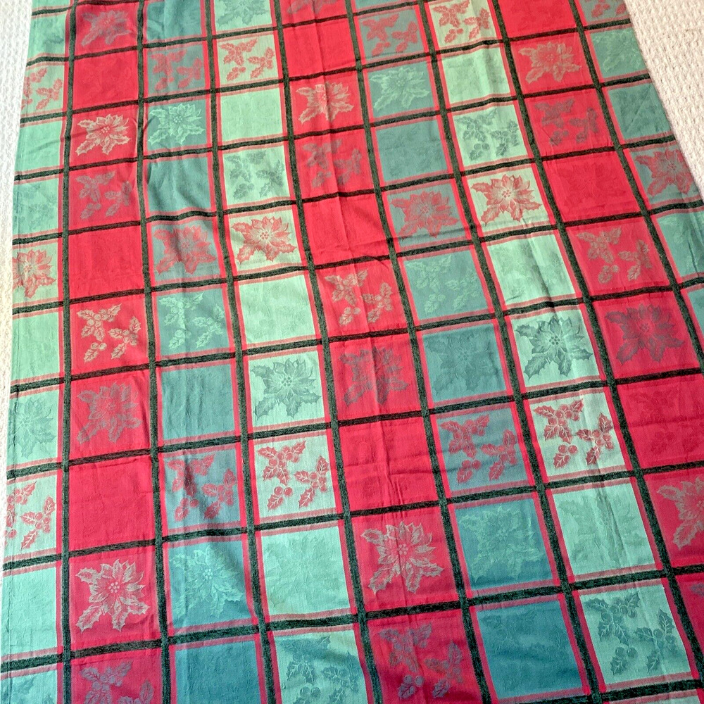 Woven Christmas Holiday Tablecloth Cotton Red Green Plaid Festive Holly Leaves